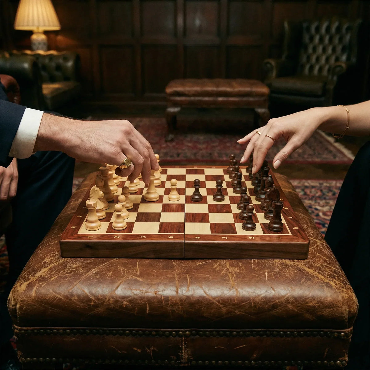Two people's hands reaching to move pieces on the board, resting on a worn leather footstool 4