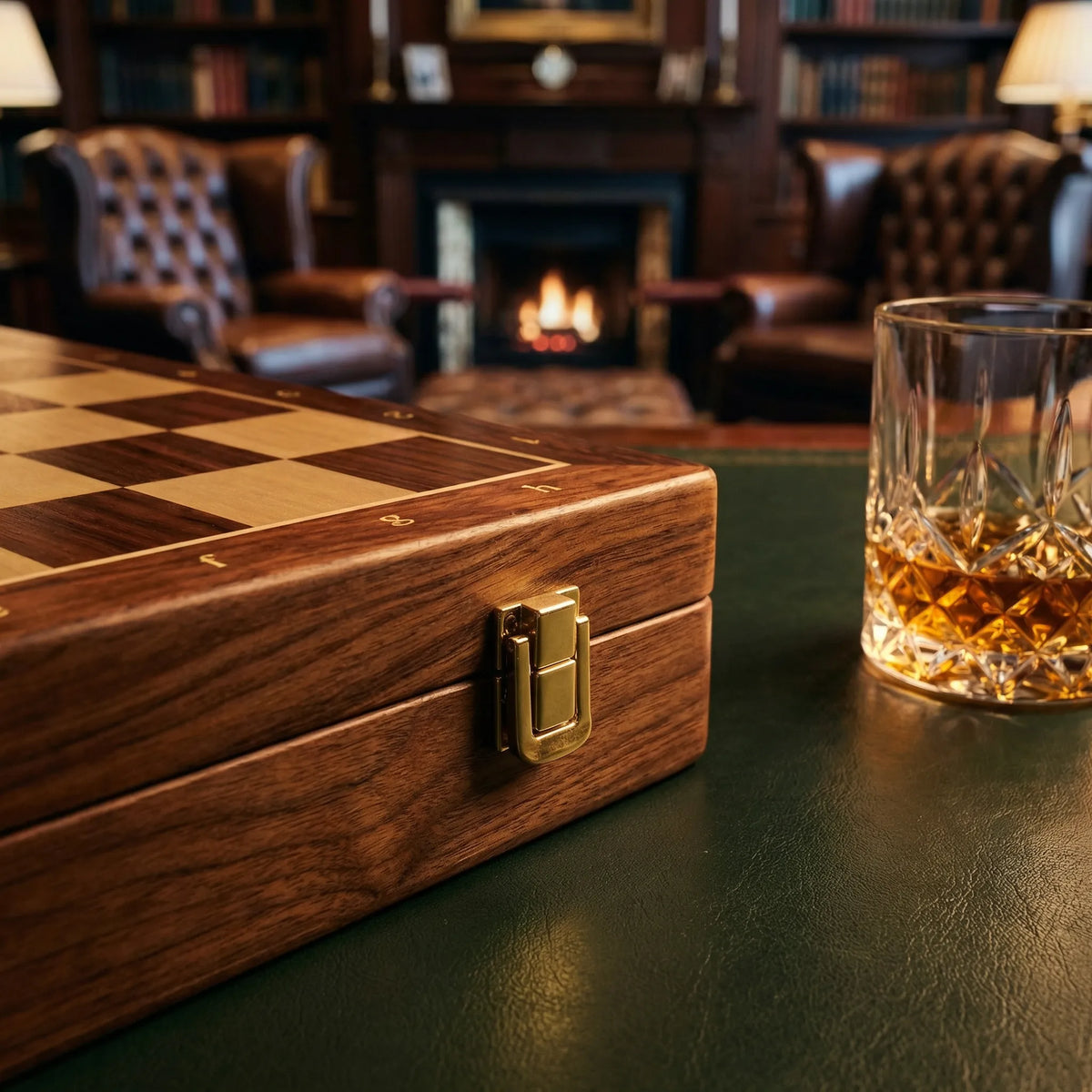 Close-up of the case's gold-coloured clasp and wooden edge, with a whisky glass and fireside library behind 7