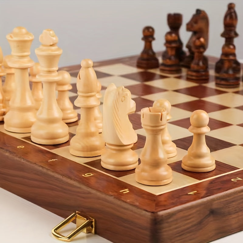Close-up of the light pieces on the board, showing the carved knight, rook, bishop and queens 8