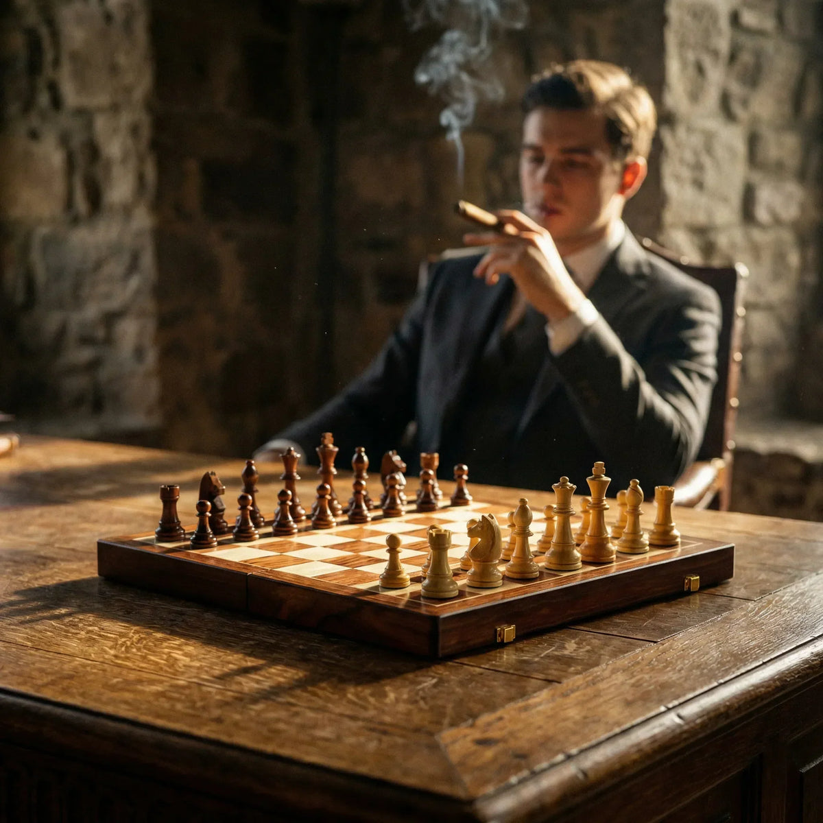 Set-up board on an old wooden table, with a blurred man in a suit smoking a cigar behind 2