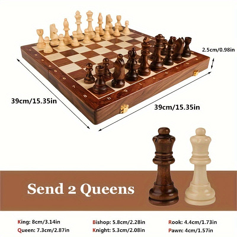 Board with pieces set out beside a labelled size guide for the board and each piece, plus a spare queen pair 10