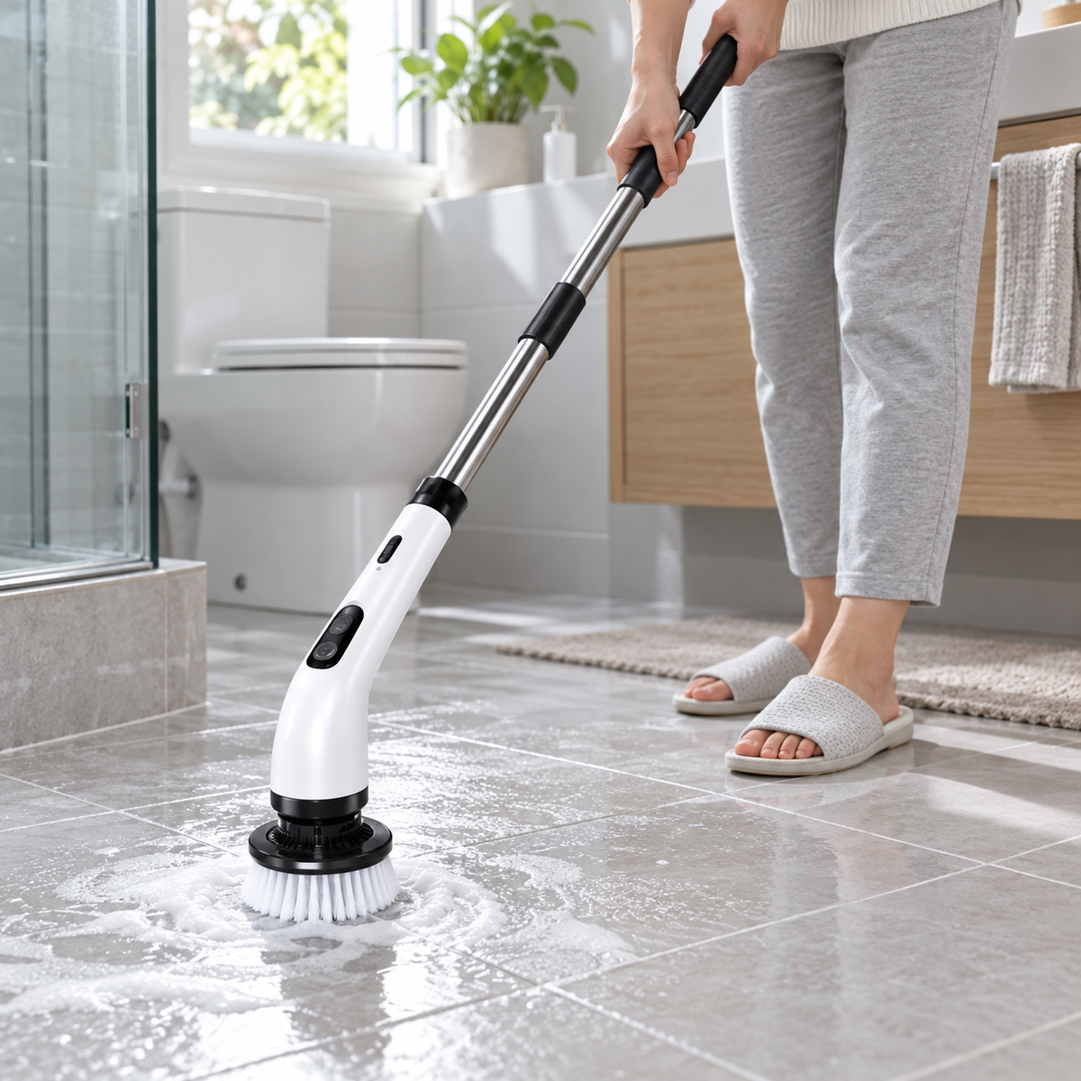 Person in grey trousers and slippers scrubbing foamy bathroom floor tiles with the extended scrubber 4