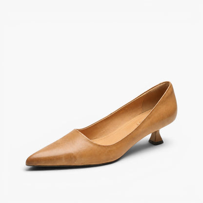 Single tan leather pointed-toe kitten heel shown at an angle on a plain white background 1