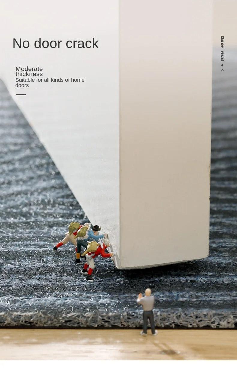 Miniature figures pushing a white door above the mat's pile, illustrating that it is thin enough to clear doors 10
