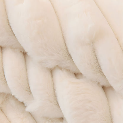 Extreme close-up of the cream faux-fur pile, showing the soft raised stripes and fine, dense fibres. 3