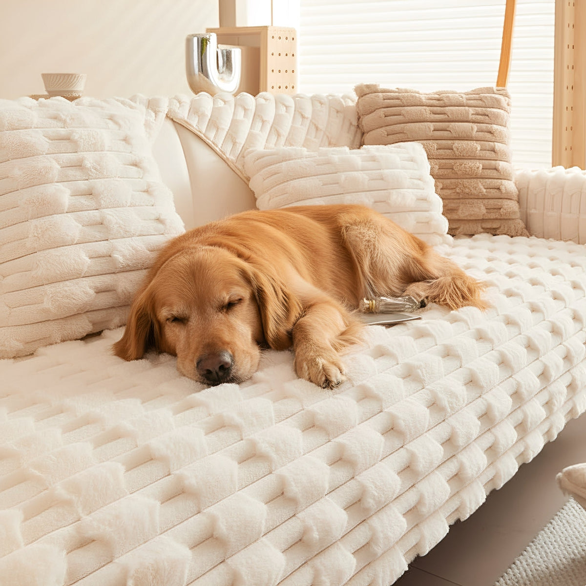Golden retriever asleep on a cream textured plush sofa cover, with matching cushions behind it. 1