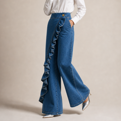 Women's Wide Denim Pants with Asymmetric Ruffle, Culotte Style 6