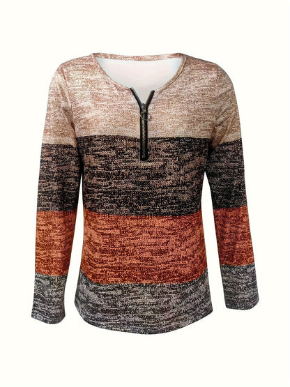 Ladies' sweater with block stripes and quarter zip – Mila