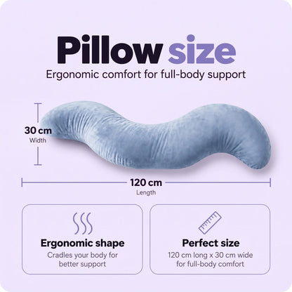 Blue S-shaped pillow shown with length and width measurements marked, plus shape and size callouts 5
