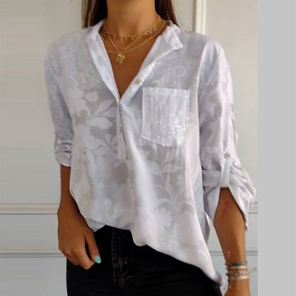 Autumnal women's top with V-neck and button placket – Amaya
