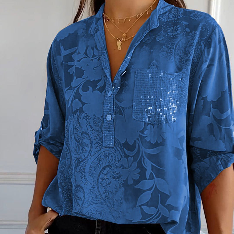 Autumnal women's top with V-neck and button placket – Amaya