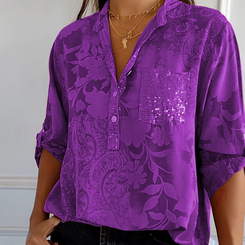 Autumnal women's top with V-neck and button placket – Amaya