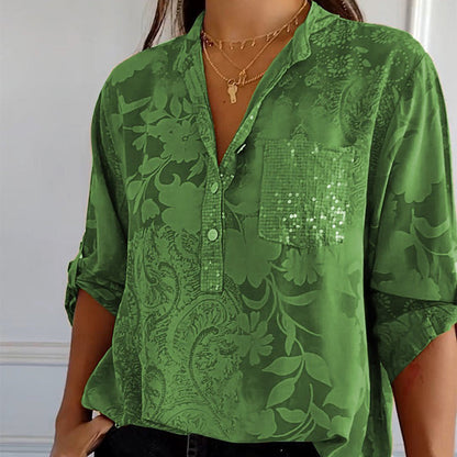 Autumnal women's top with V-neck and button placket – Amaya