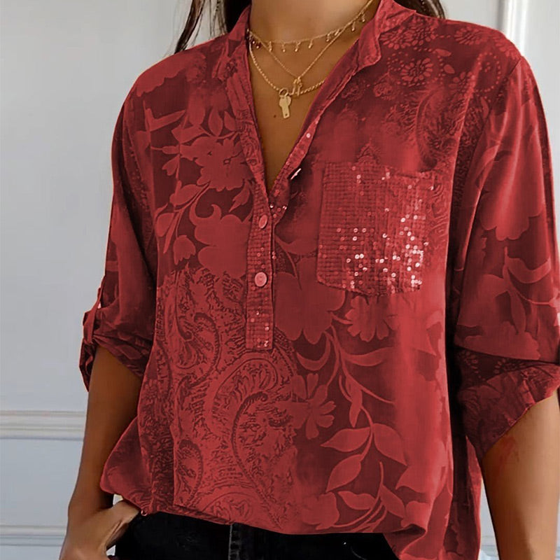 Autumnal women's top with V-neck and button placket – Amaya