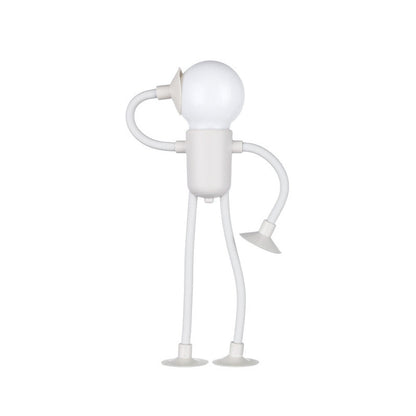 White figure-shaped night light with a round bulb head, one bendy arm raised to its head and suction cups on hand and feet. 2