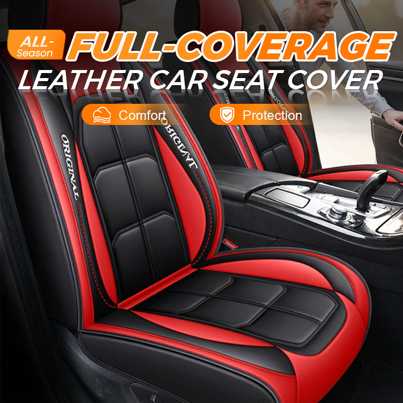 Black and red leather-look seat covers on the front seats, with a man opening the car door and promotional text across the top. 2