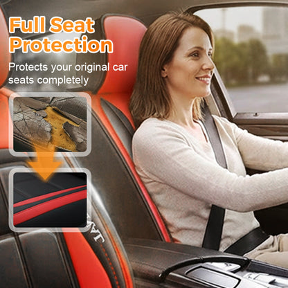 Woman driving with a red and black seat cover behind her, with an inset comparing a cracked original seat to the covered one. 3