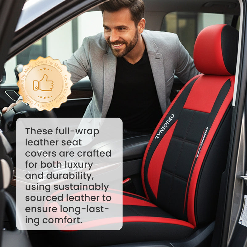 Smiling bearded man leaning into a car beside a red and black fitted seat cover, with a rounded badge and caption box. 6