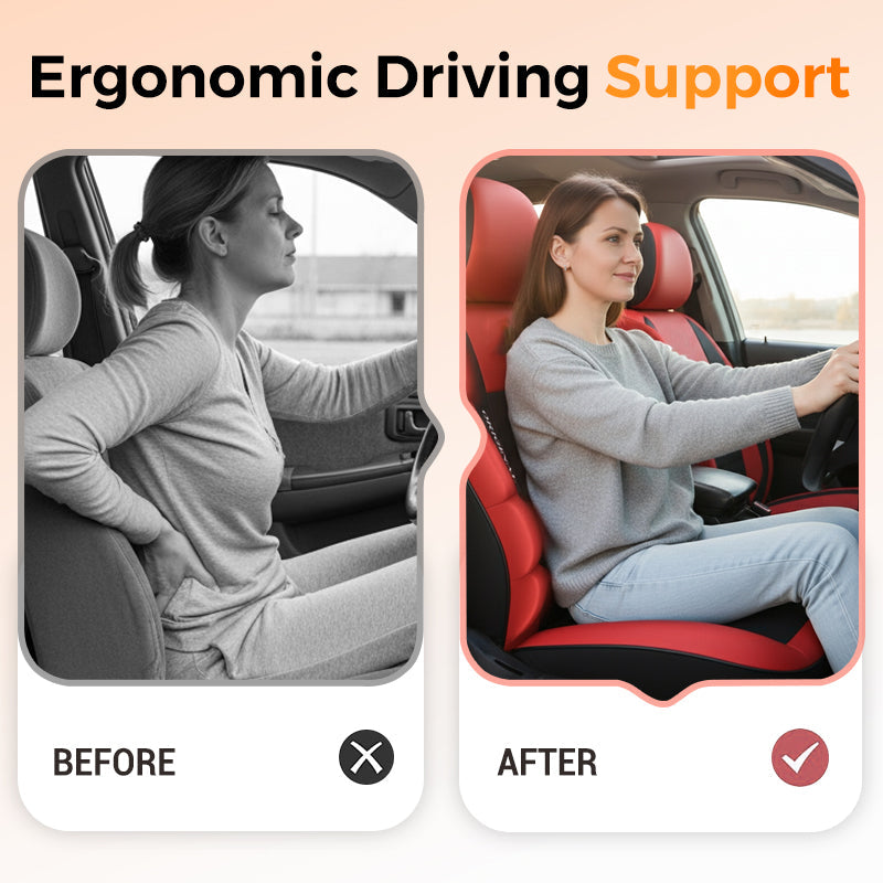 Before-and-after comparison of a woman driving, slouching and holding her back on the left, sitting upright on red and black covers on the right. 9