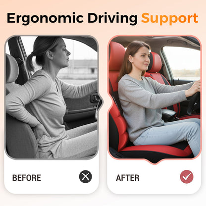 Before-and-after comparison of a woman driving, slouching and holding her back on the left, sitting upright on red and black covers on the right. 9