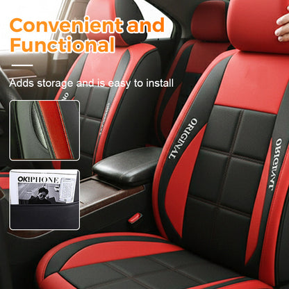 Close view of red and black front seat covers, with insets showing a side pocket holding a magazine and a close-up of the edge trim. 5