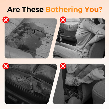 Four-panel grid of common seat problems: cracked and stained upholstery, a woman holding her lower back, and a cloth wiping crumbs from a seat. 8
