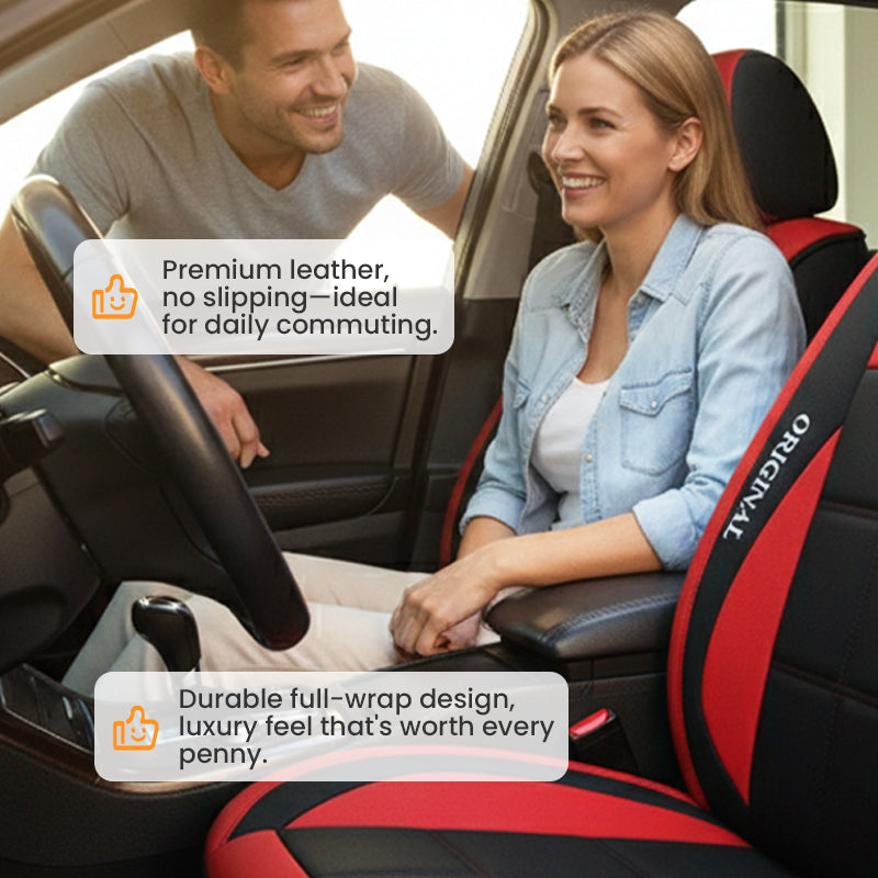 Smiling woman in a denim shirt sitting on the black and red driver's seat cover while a man leans in through the window. 7