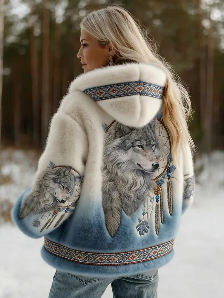 Back view on a model in a snowy forest, fluffy hooded jacket fading from white to blue 1