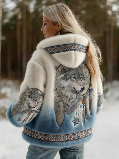 Back view on a model in a snowy forest, fluffy hooded jacket fading from white to blue 1
