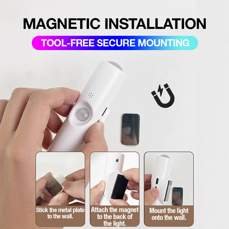 Hands attaching the light to a wall using a metal plate and magnet in three steps 11