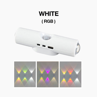White cylindrical light with motion sensor and charging port, above three colour-changing wall glow examples 2