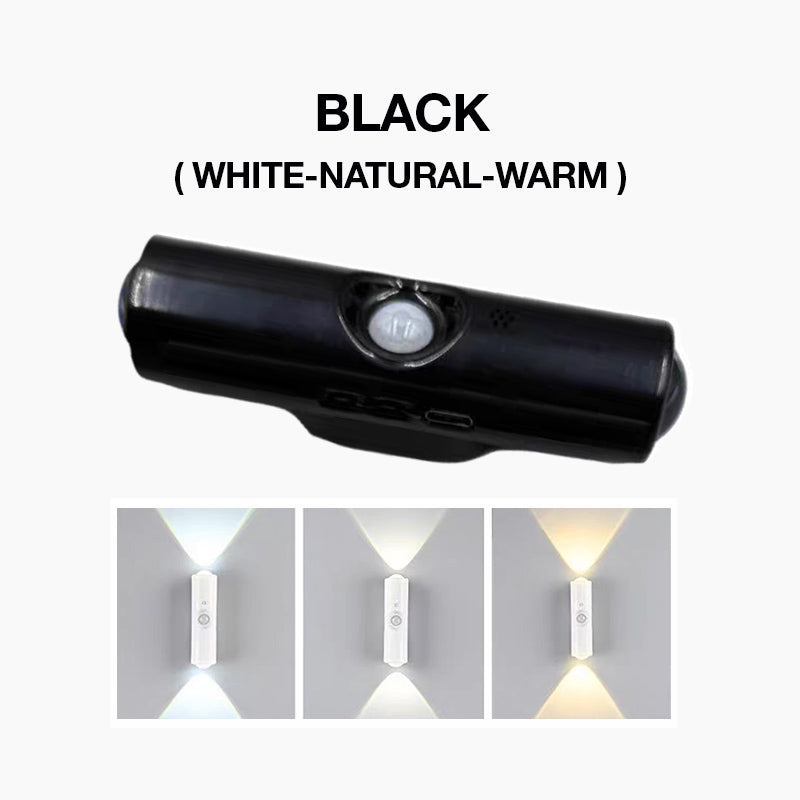 Black cylindrical light with motion sensor, above three white-to-warm tone wall glow examples 3