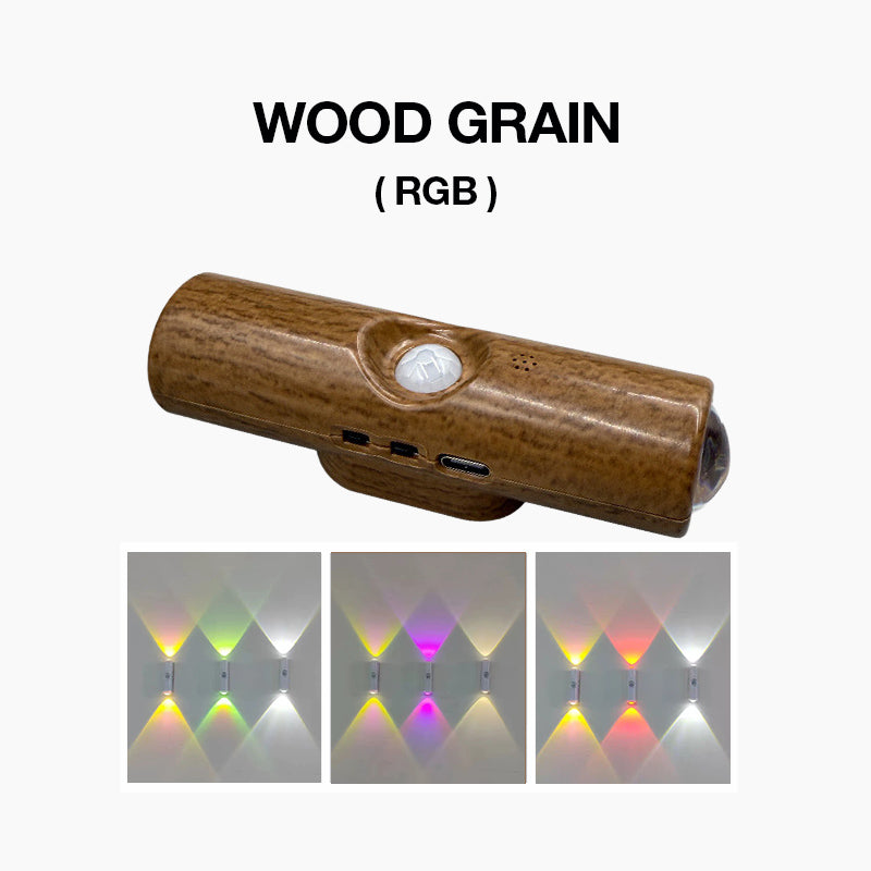 Wood-grain finish cylindrical light with motion sensor and charging port, above three colour-changing glow examples 6