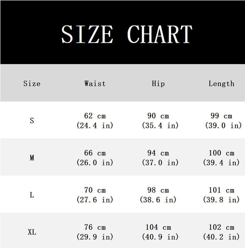Size chart giving waist, hip and length measurements in centimetres and inches for sizes S to XL. 11