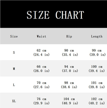 Size chart giving waist, hip and length measurements in centimetres and inches for sizes S to XL. 11
