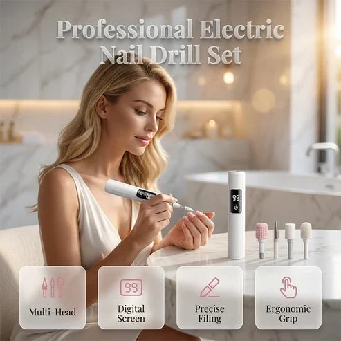 Woman in a bright marble bathroom filing her nails with the white pen, attachments beside her 1