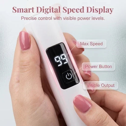 Close-up of a hand holding the white pen, showing its digital speed display and power button 5