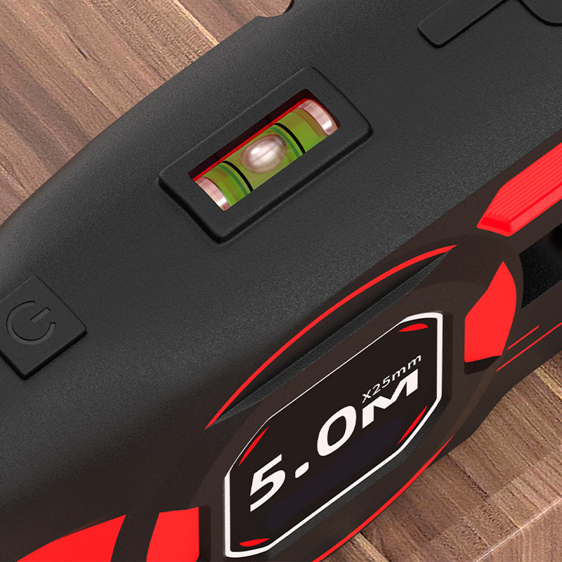 Close-up of the built-in spirit level vial on top of the casing, next to the power button 8