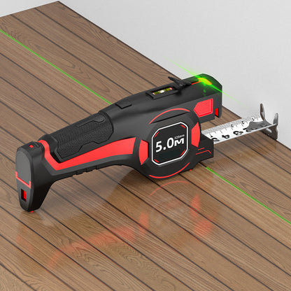 Tape measure on a wooden floor, blade hooked on the skirting board and green laser lines running along the planks 4