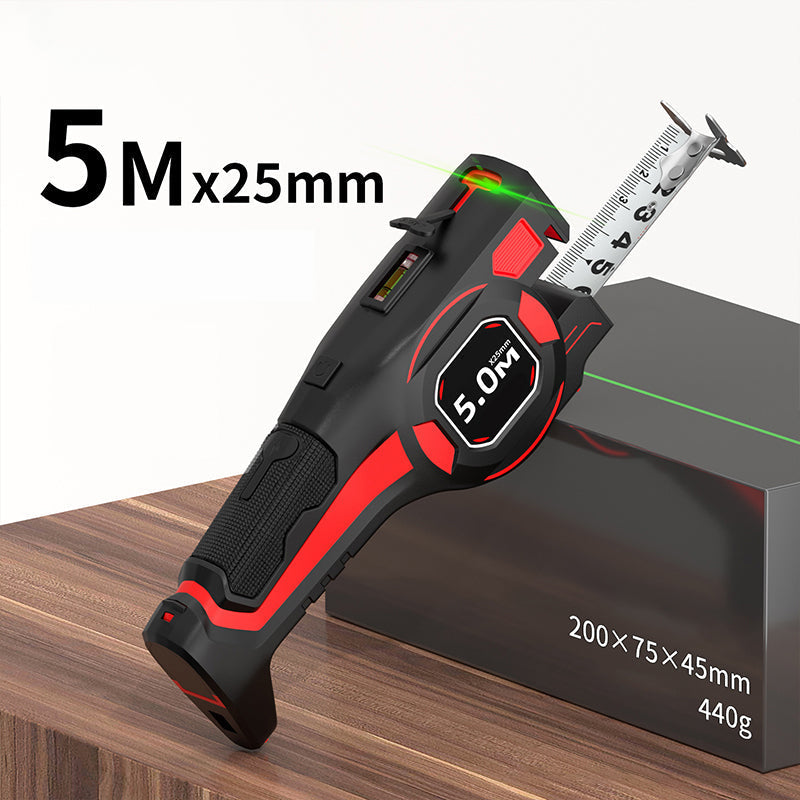 Tape measure propped against a dark block on a wooden desk, with its green laser line crossing the block 2
