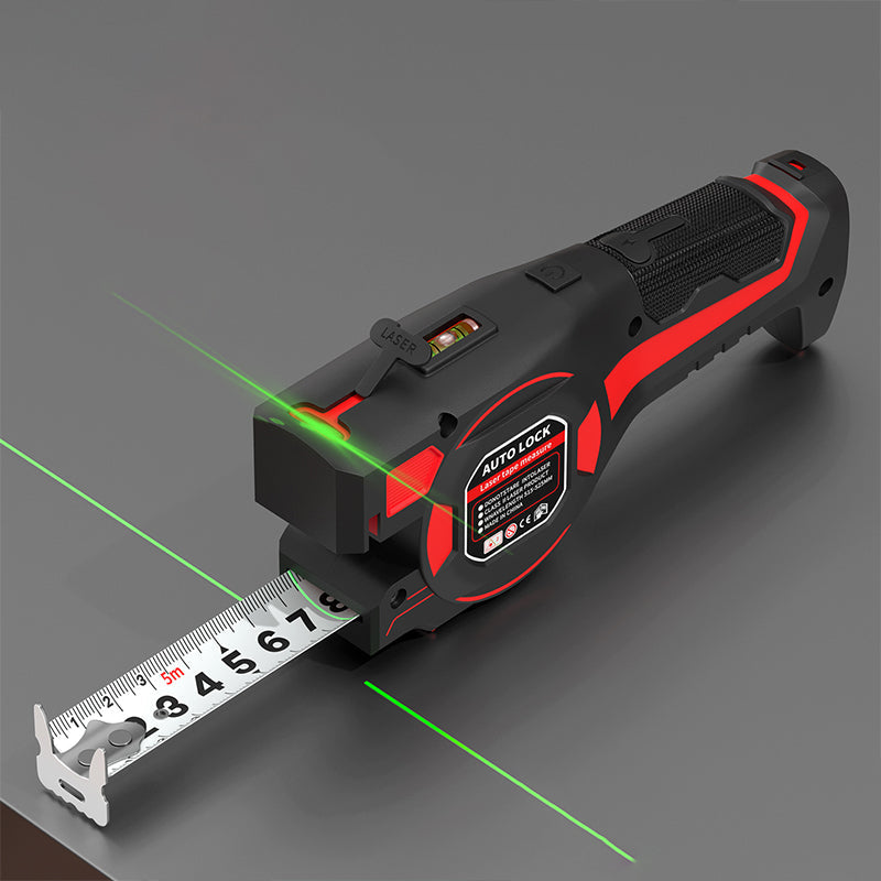 Red and black laser tape measure with the blade extended, projecting green laser lines across a grey surface 1