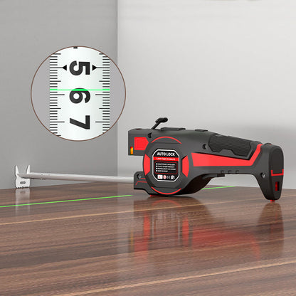 Tape measure lying on a wooden floor with its hook against a wall, and a magnified circle showing the laser on the scale 3