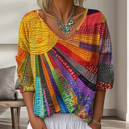 Women's Retro Patchwork Blouse with V-Neck 1