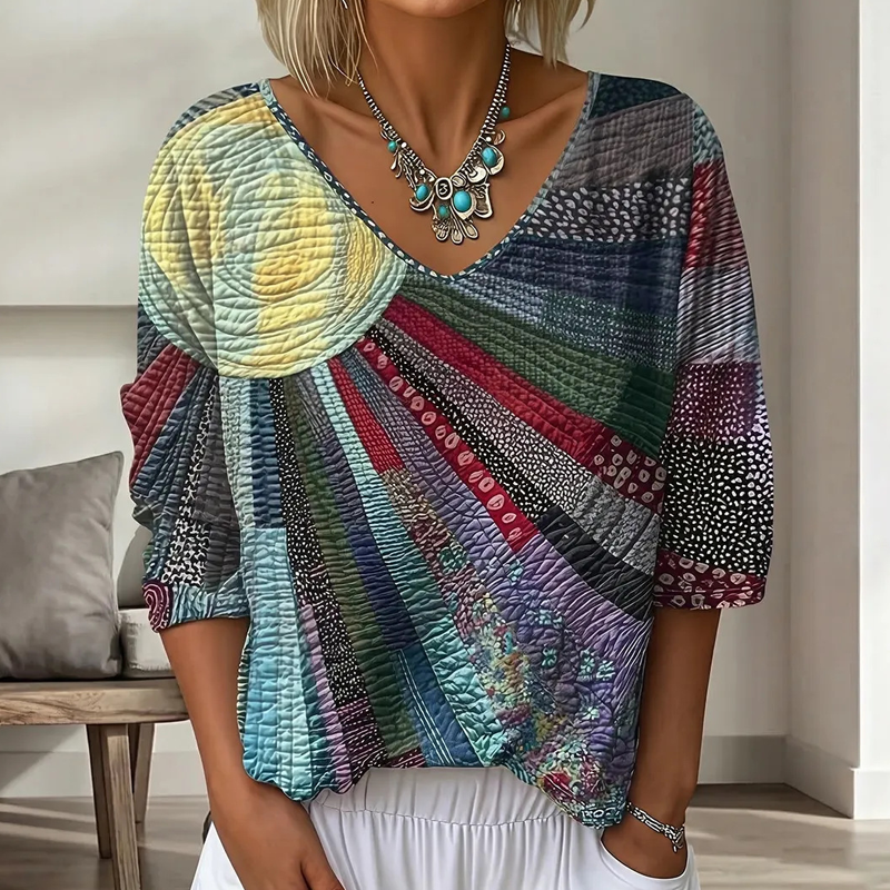Women's Retro Patchwork Blouse with V-Neck 5