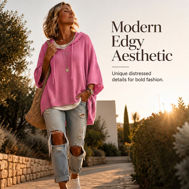 Woman walking outdoors at sunset in a pink loose hooded knit with ripped jeans and a woven bag. 2