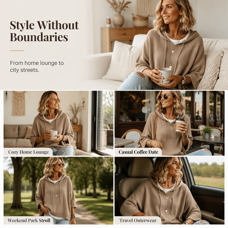 Collage of a woman in the taupe hooded knit at home with a mug, in a café, in a park and in a car. 5