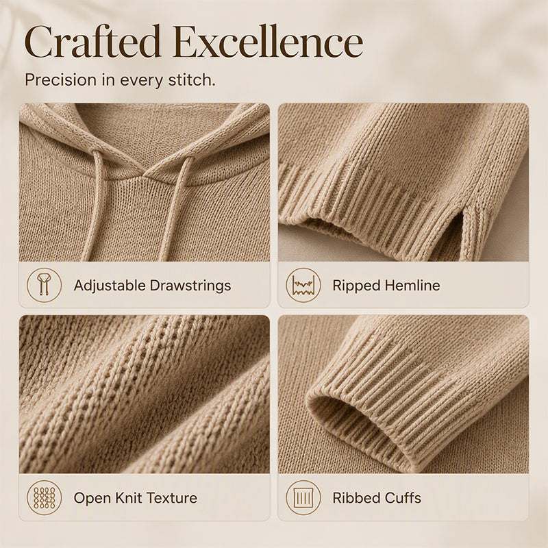 Four close-up panels of the knit showing the drawstring hood, ripped hemline, open knit texture and ribbed cuffs. 3