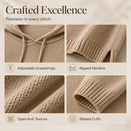 Four close-up panels of the knit showing the drawstring hood, ripped hemline, open knit texture and ribbed cuffs. 3