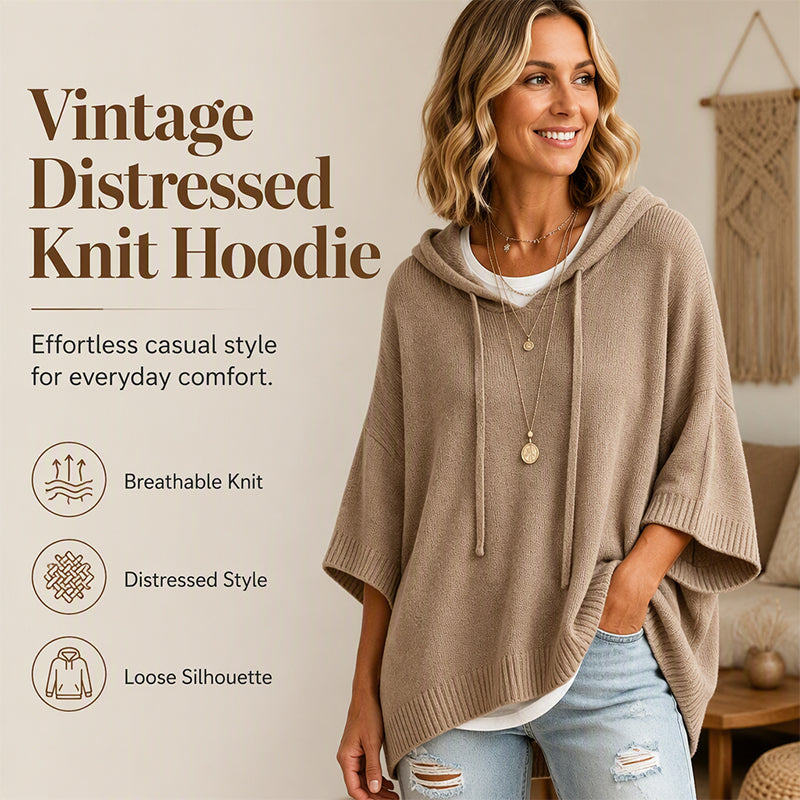 Smiling woman in a taupe oversized hooded knit with drawstrings, worn over a white top and ripped jeans, beside a feature panel. 1