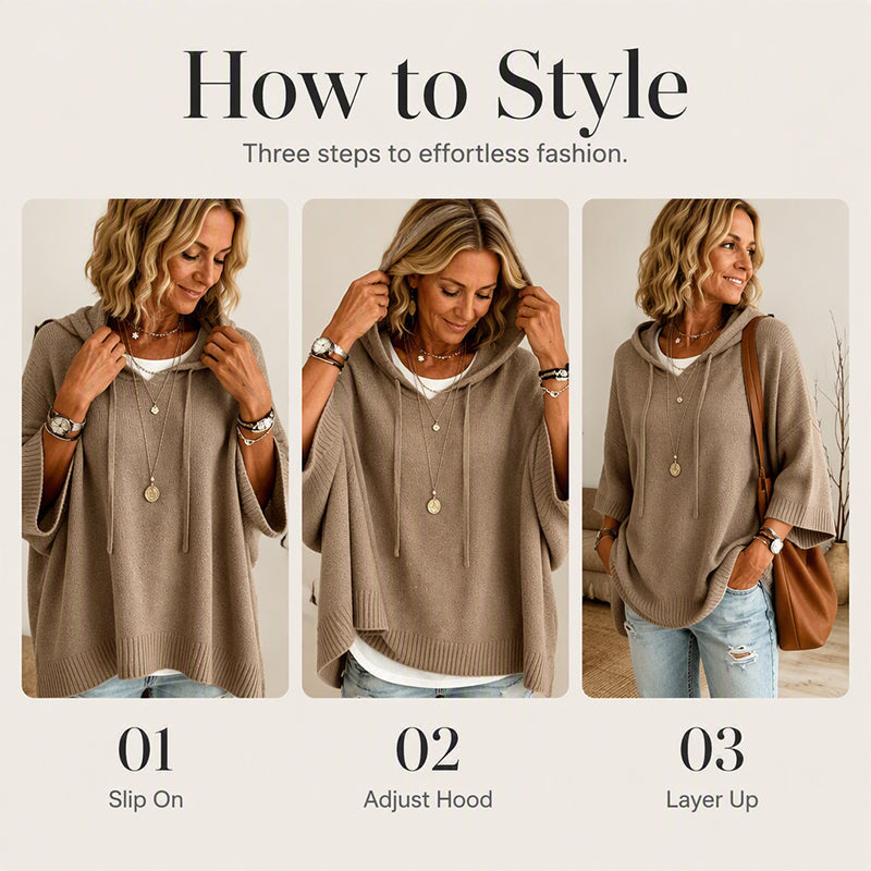 Three-step styling sequence of a woman in the taupe hooded knit: slipping it on, adjusting the hood, layering over a white top. 7